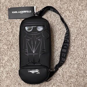 NWT KARL LAGERFELD sling black shoulder backpack logo pockets casual school